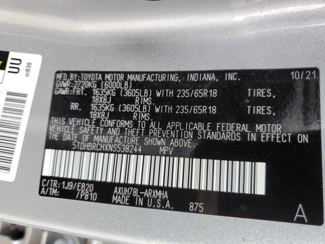 2022 Toyota Highlander Hybrid Xle VIN: 5TDHBRCHXNS538244 Lot: 56159384