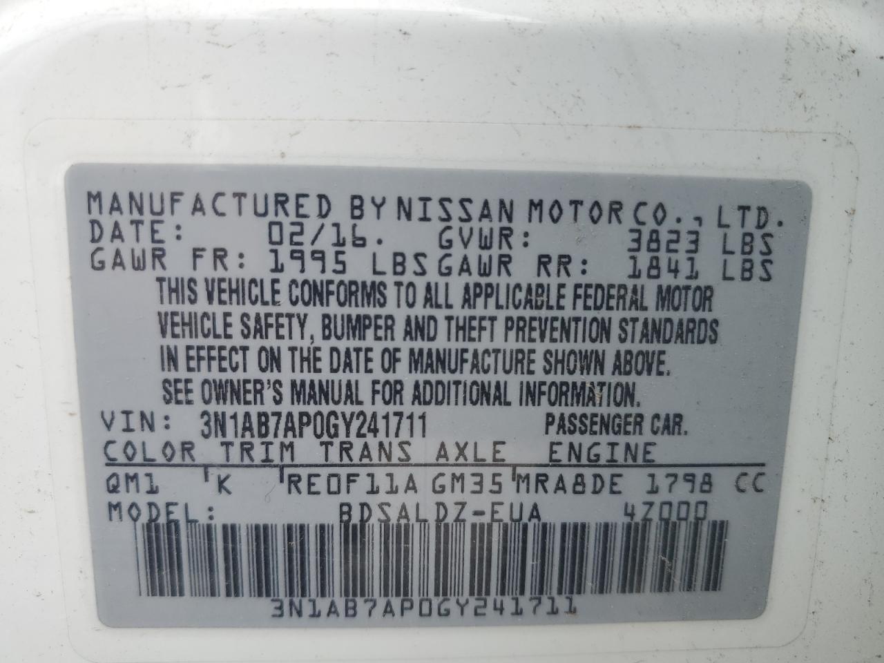 3N1AB7AP0GY241711 2016 Nissan Sentra S