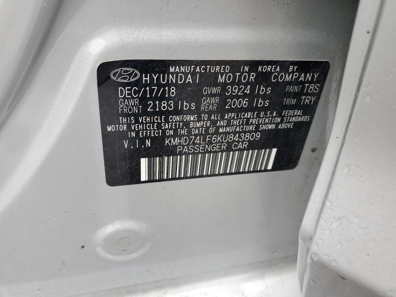 KMHD74LF6KU843809 2019 Hyundai Elantra Se