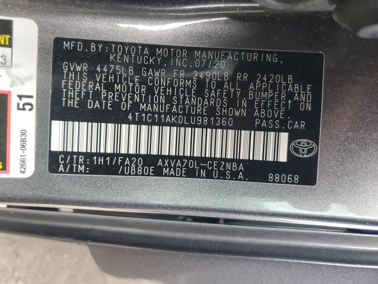 4T1C11AK0LU981360 2020 Toyota Camry Le