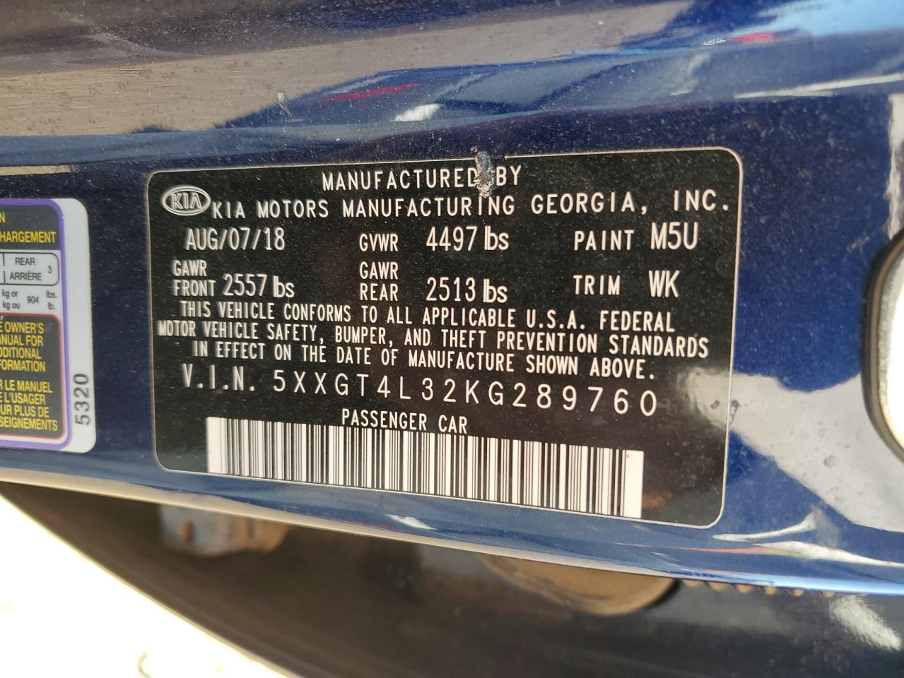 5XXGT4L32KG289760 2019 Kia Optima Lx