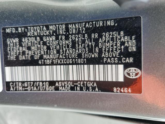 2012 Toyota Camry Base VIN: 4T1BF1FKXCU611801 Lot: 52184534