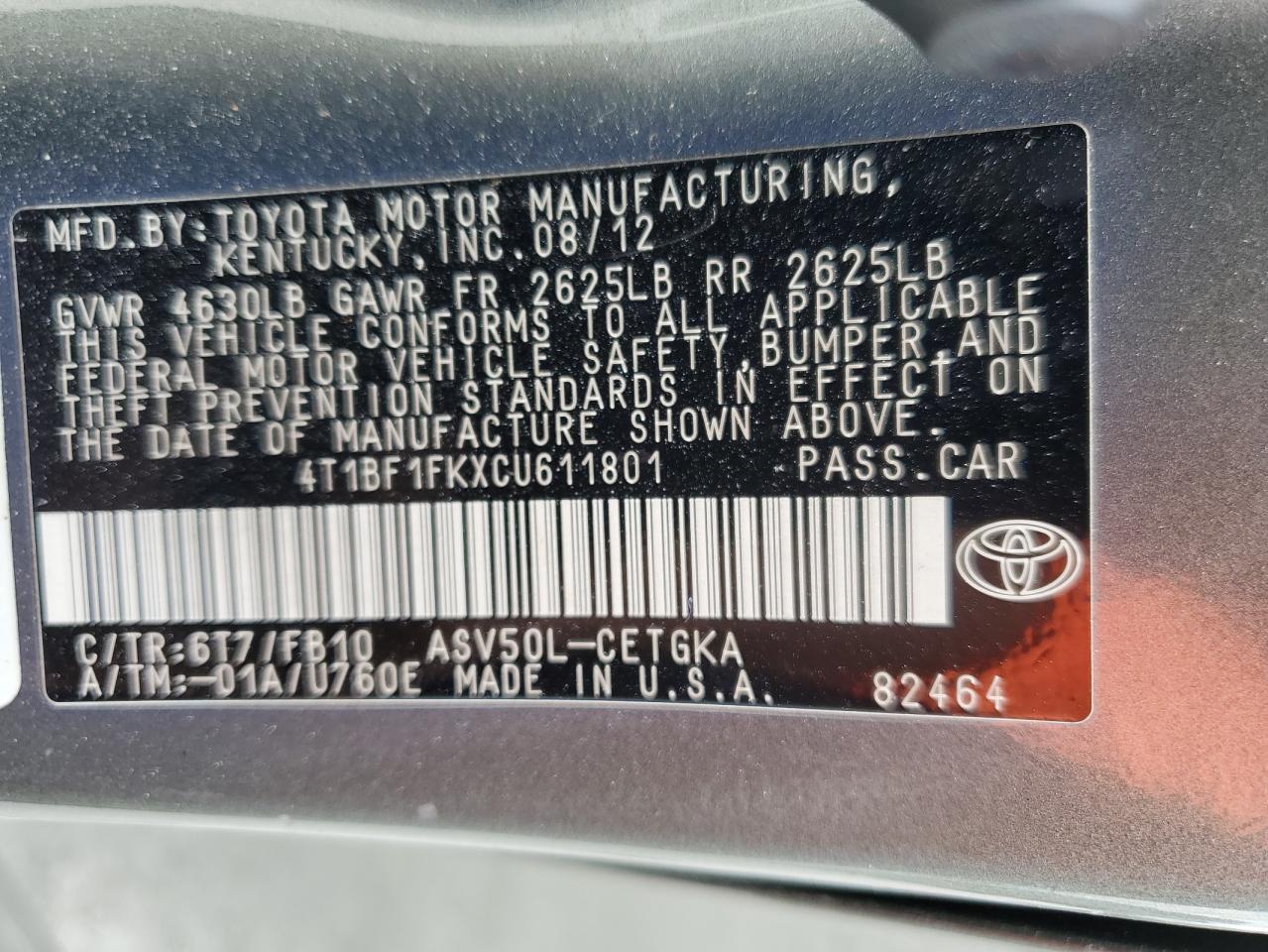 4T1BF1FKXCU611801 2012 Toyota Camry Base