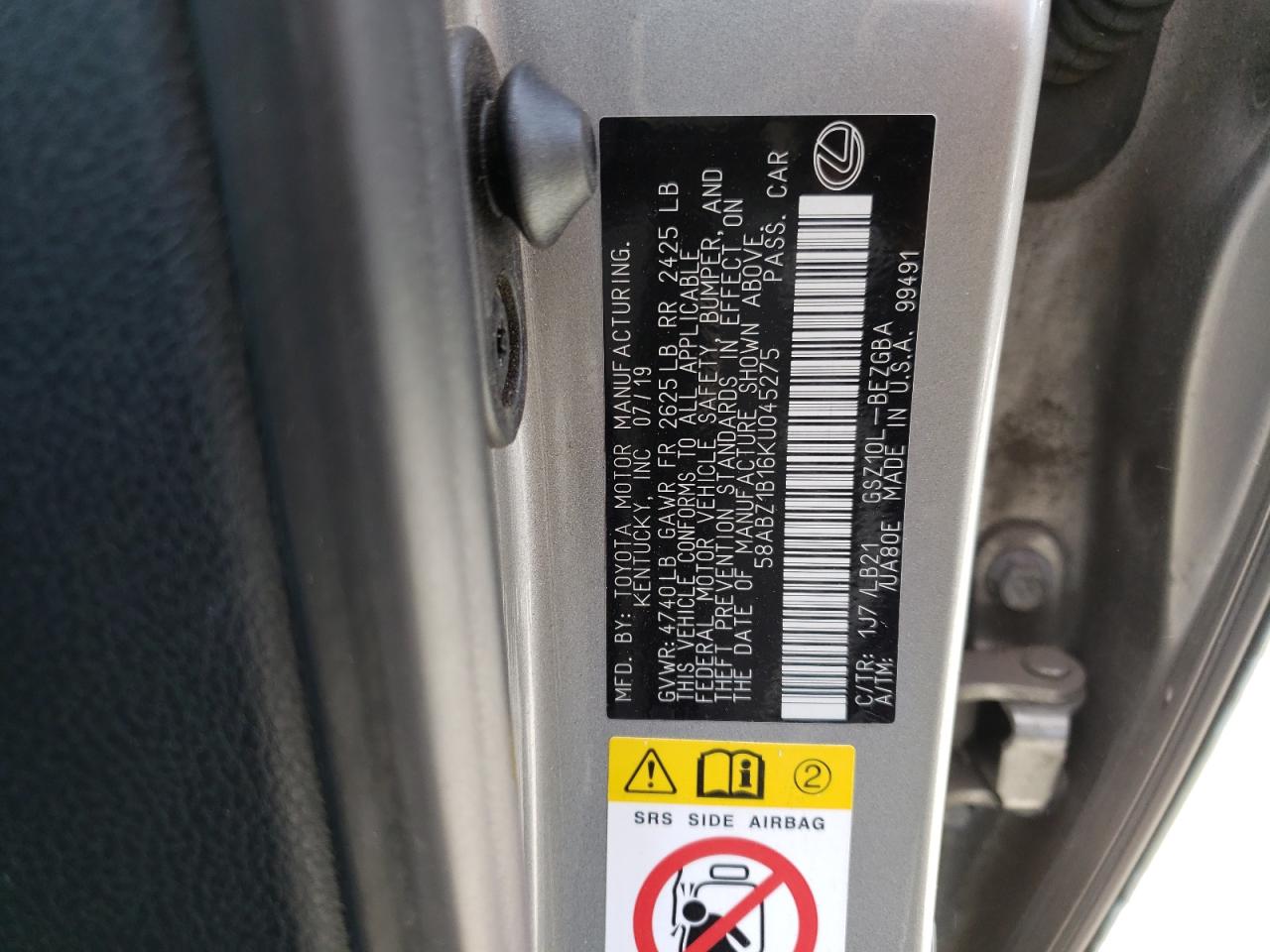 58ABZ1B16KU045275 2019 Lexus Es 350