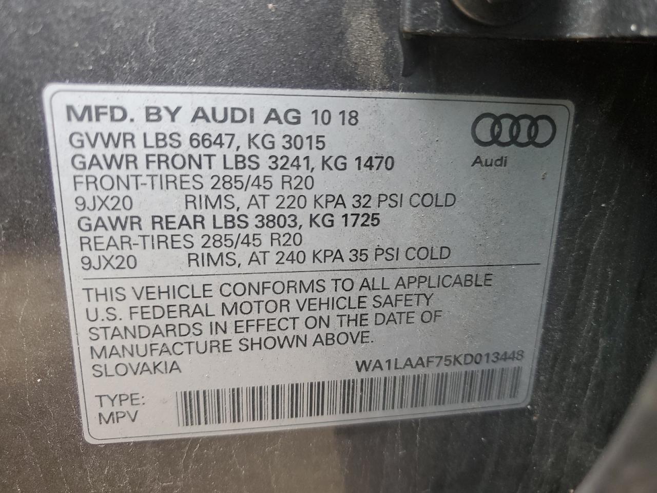 WA1LAAF75KD013448 2019 Audi Q7 Premium Plus