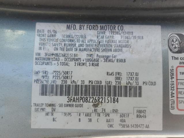 2006 Ford Fusion Sel VIN: 3FAHP08Z26R215184 Lot: 54438574