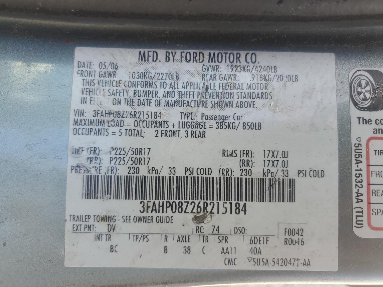 3FAHP08Z26R215184 2006 Ford Fusion Sel