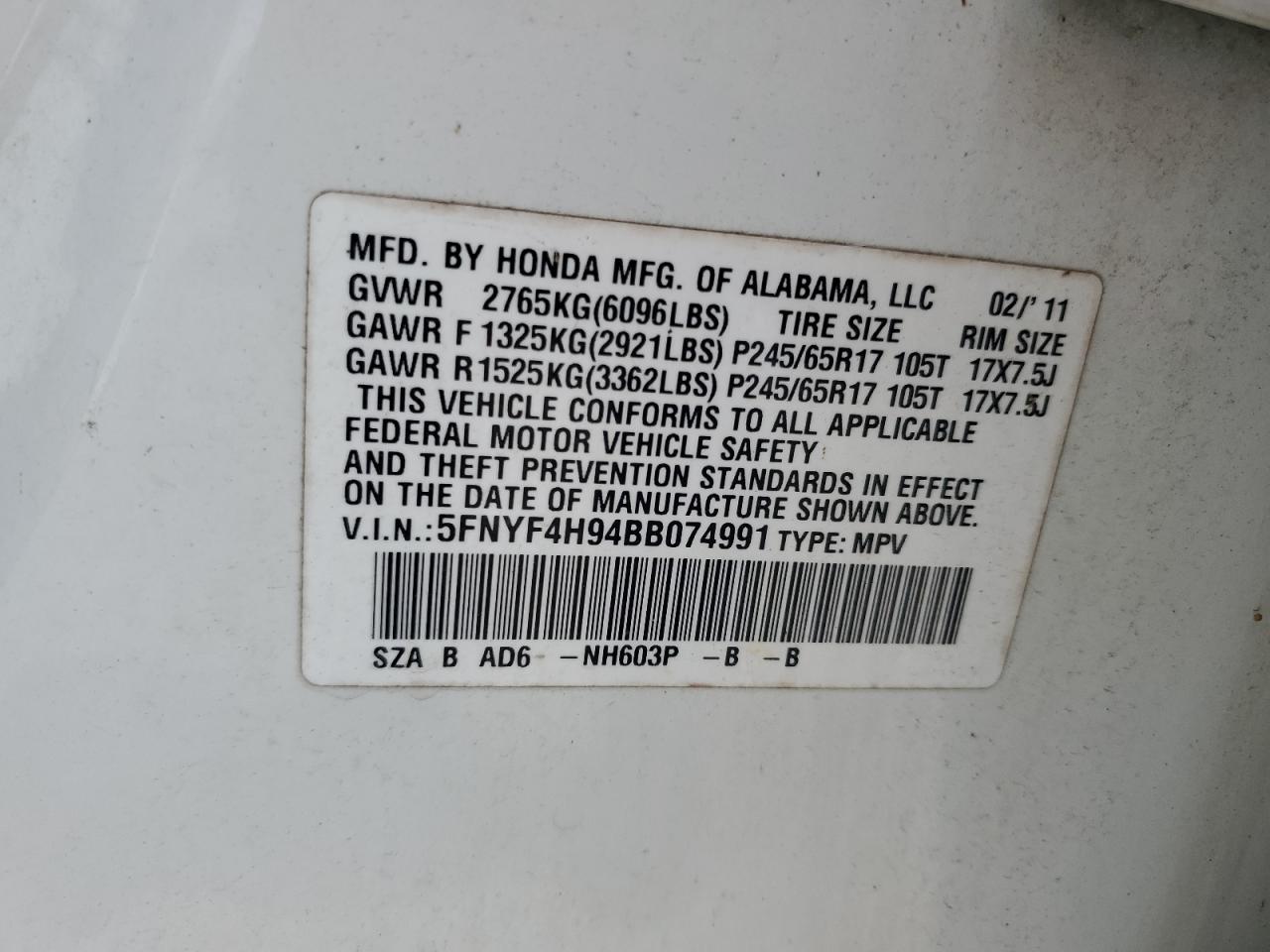 5FNYF4H94BB074991 2011 Honda Pilot Touring