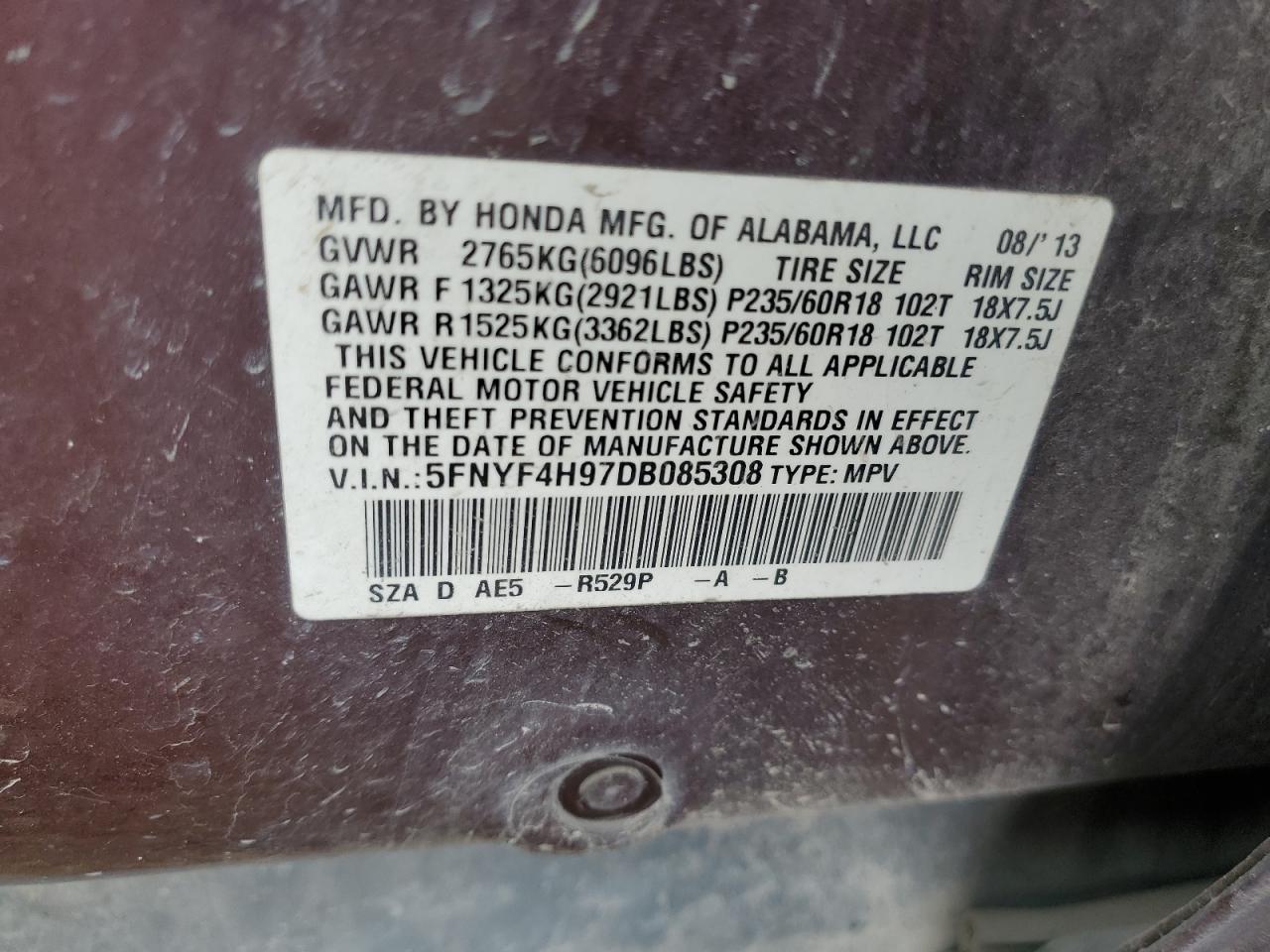 5FNYF4H97DB085308 2013 Honda Pilot Touring