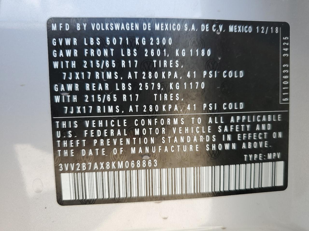 3VV2B7AX8KM068863 2019 Volkswagen Tiguan Se