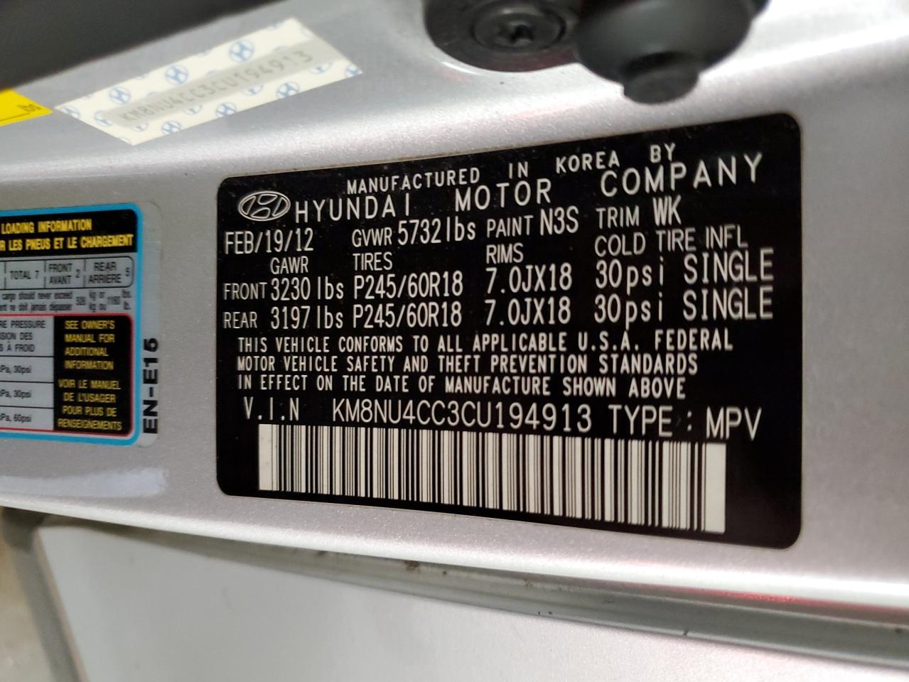 KM8NU4CC3CU194913 2012 Hyundai Veracruz Gls