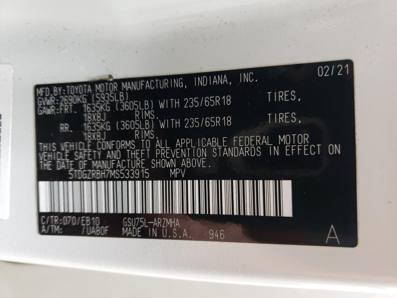 5TDGZRBH7MS533915 2021 Toyota Highlander Xle