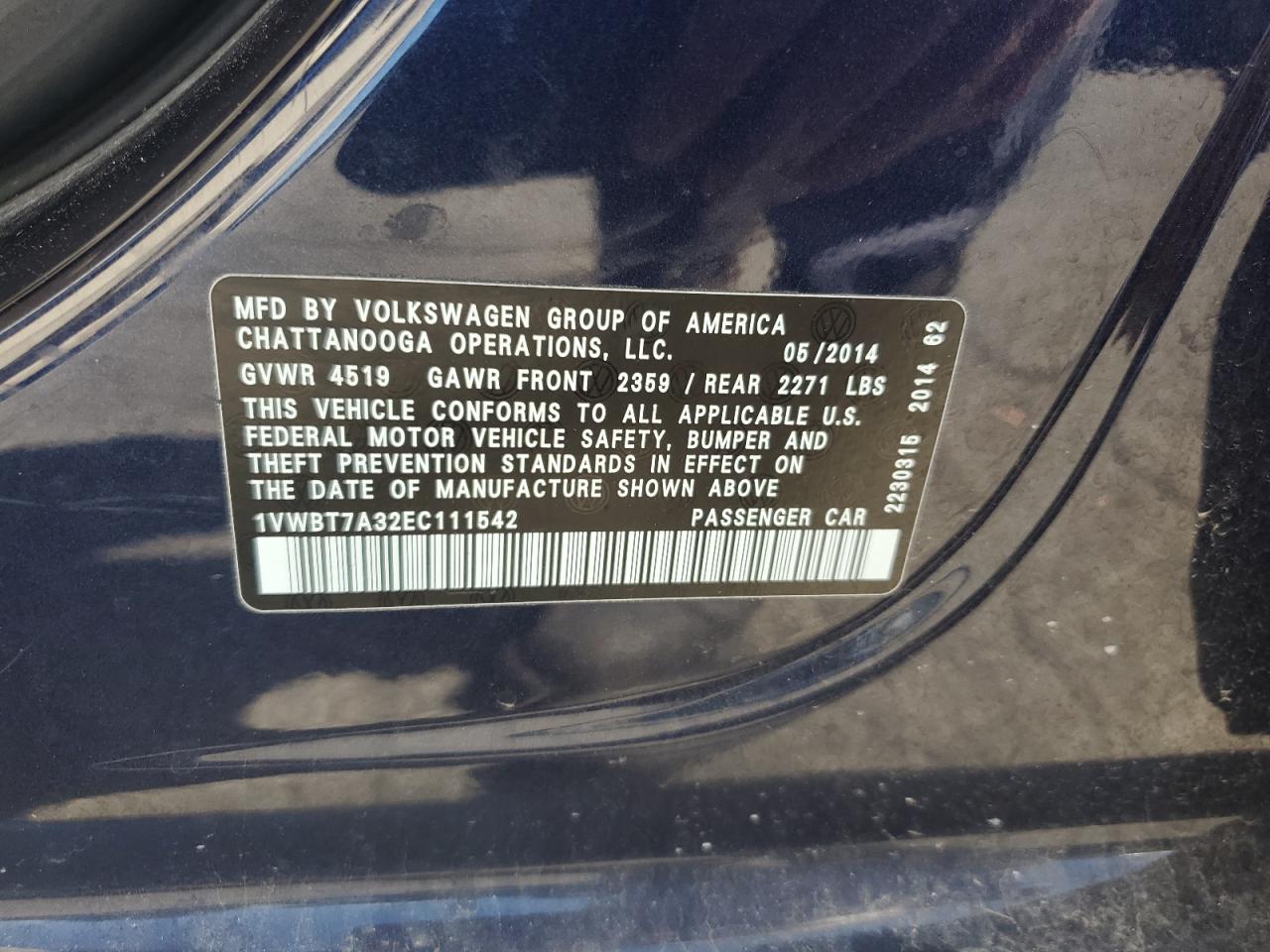 1VWBT7A32EC111542 2014 Volkswagen Passat Se