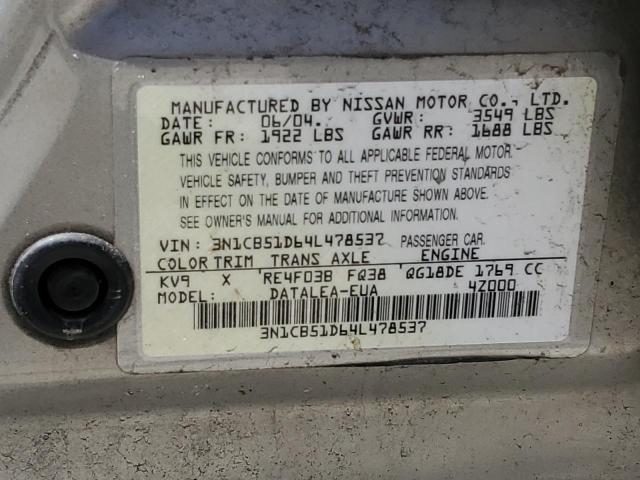 2004 Nissan Sentra 1.8 VIN: 3N1CB51D64L478537 Lot: 54220254