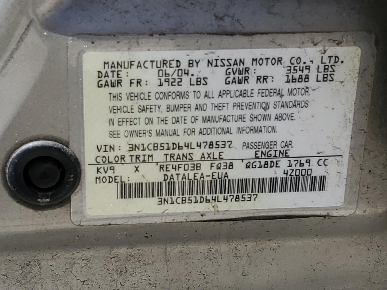 3N1CB51D64L478537 2004 Nissan Sentra 1.8