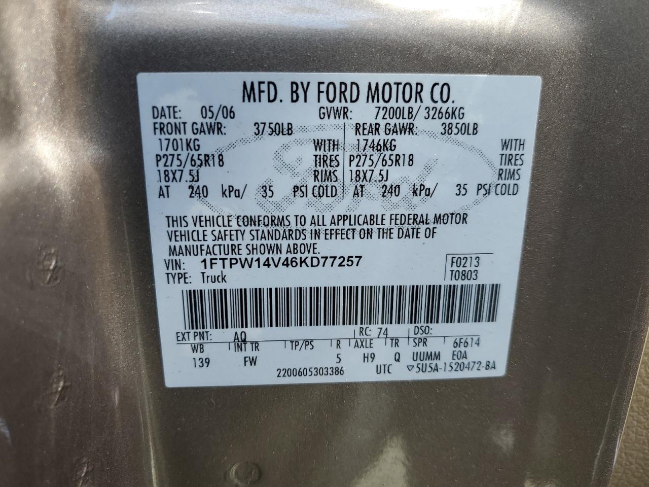 1FTPW14V46KD77257 2006 Ford F150 Supercrew