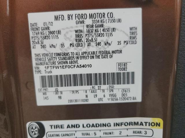 2012 Ford F150 Supercrew VIN: 1FTFW1EF0CFA54010 Lot: 56197084