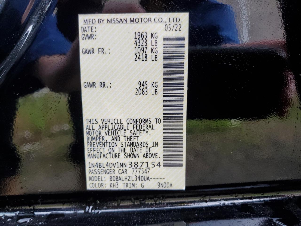 1N4BL4DV1NN387154 2022 Nissan Altima Sv