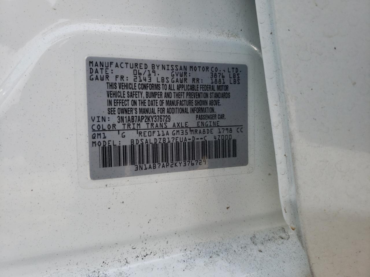 3N1AB7AP2KY376729 2019 Nissan Sentra S