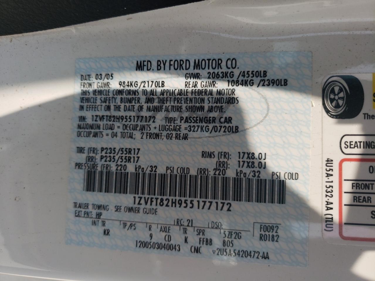 1ZVFT82H955177172 2005 Ford Mustang Gt