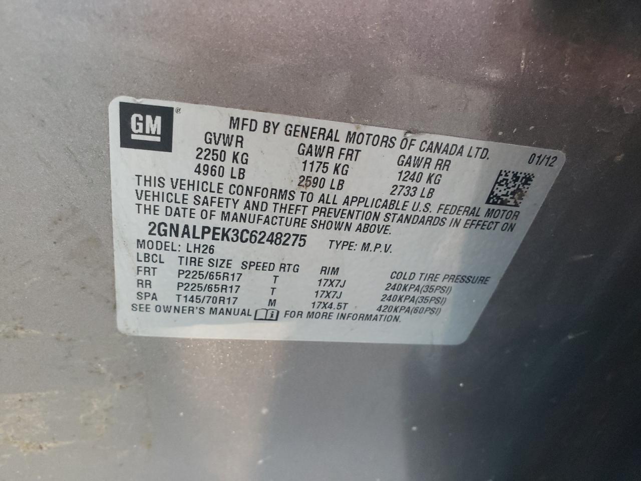 2GNALPEK3C6248275 2012 Chevrolet Equinox Lt