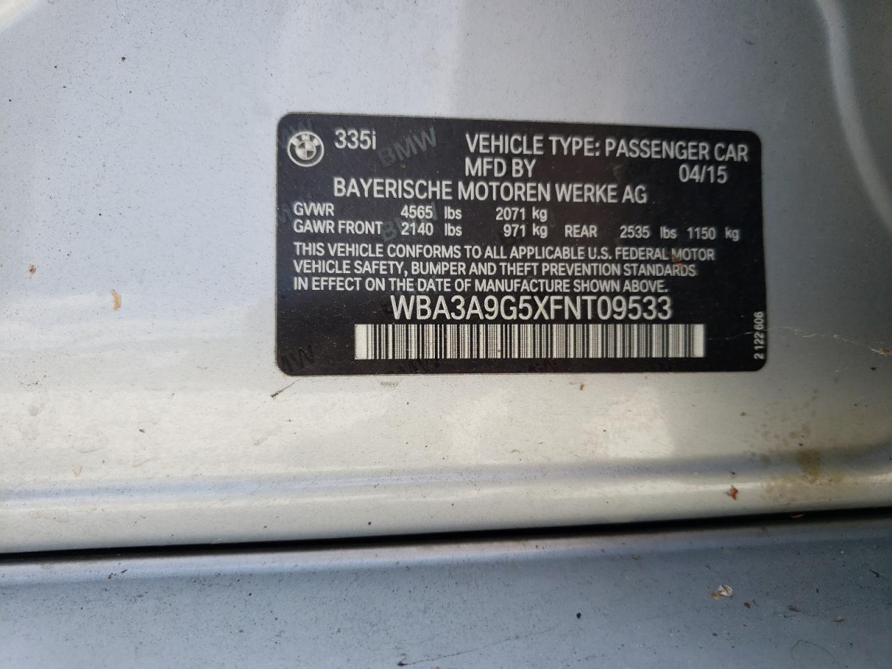 WBA3A9G5XFNT09533 2015 BMW 335 I