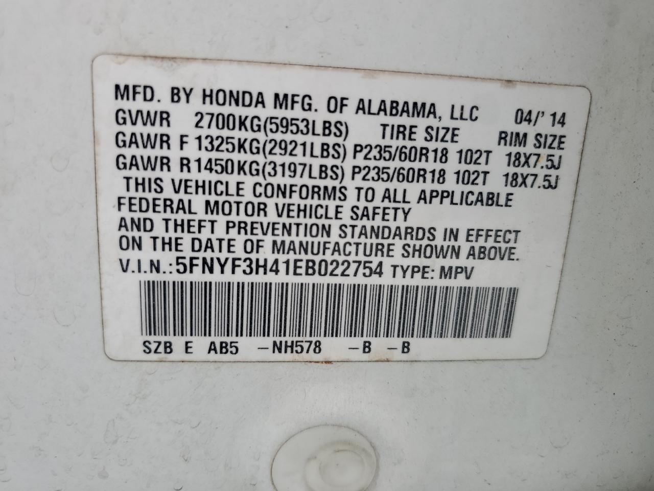 5FNYF3H41EB022754 2014 Honda Pilot Ex