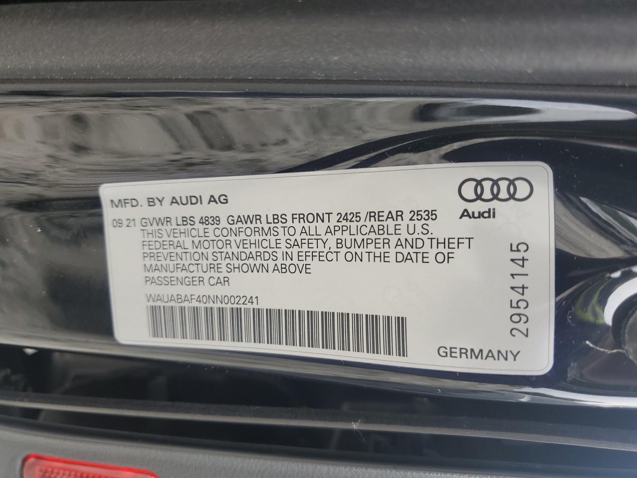 WAUABAF40NN002241 2022 Audi A4 Premium 40