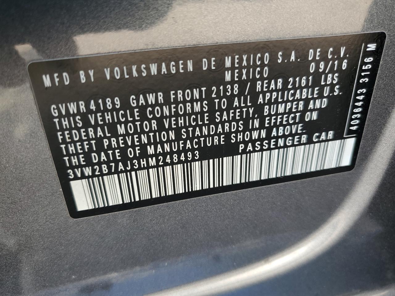 3VW2B7AJ3HM248493 2017 Volkswagen Jetta S