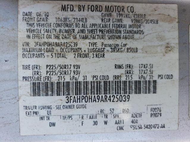 2010 Ford Fusion Se VIN: 3FAHP0HA9AR425039 Lot: 54776054