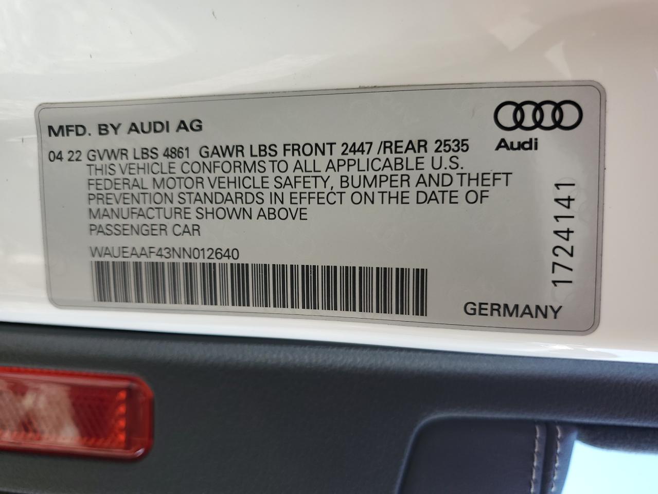 WAUEAAF43NN012640 2022 Audi A4 Premium Plus 45
