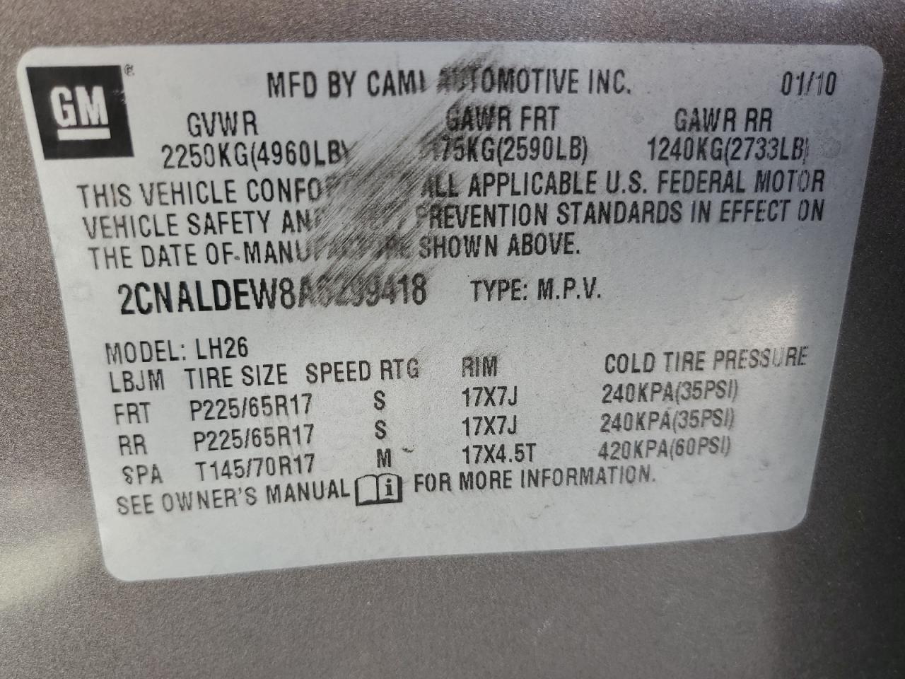 2CNALDEW8A6299418 2010 Chevrolet Equinox Lt