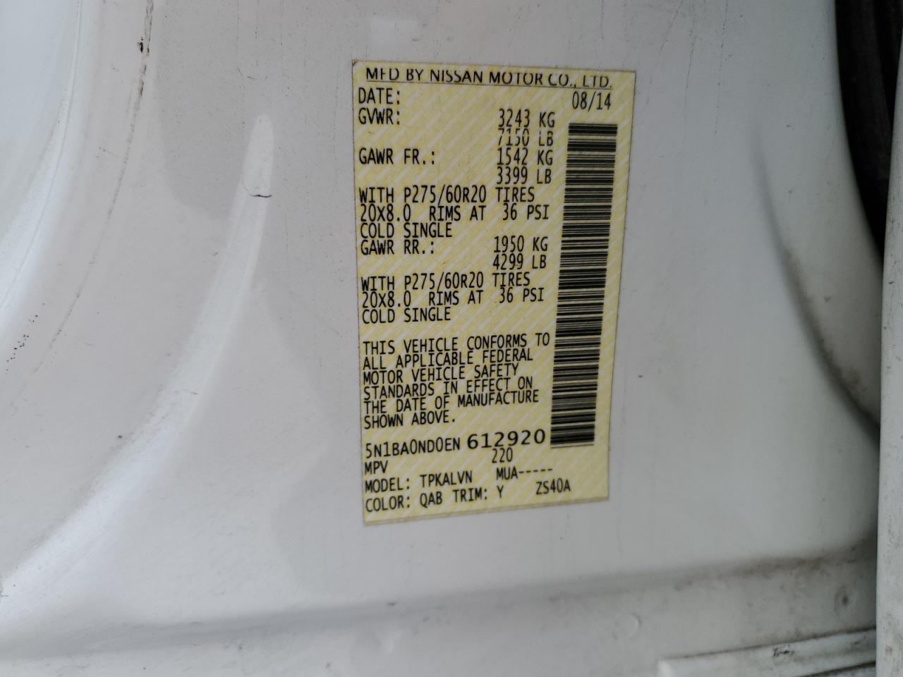 5N1BA0ND0EN612920 2014 Nissan Armada Sv