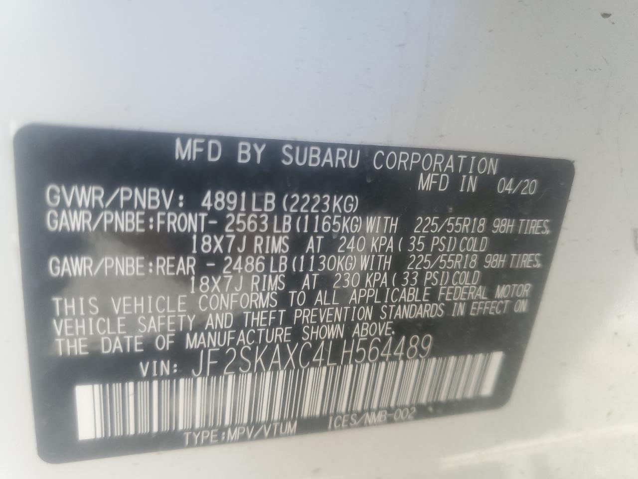 JF2SKAXC4LH564489 2020 Subaru Forester Touring