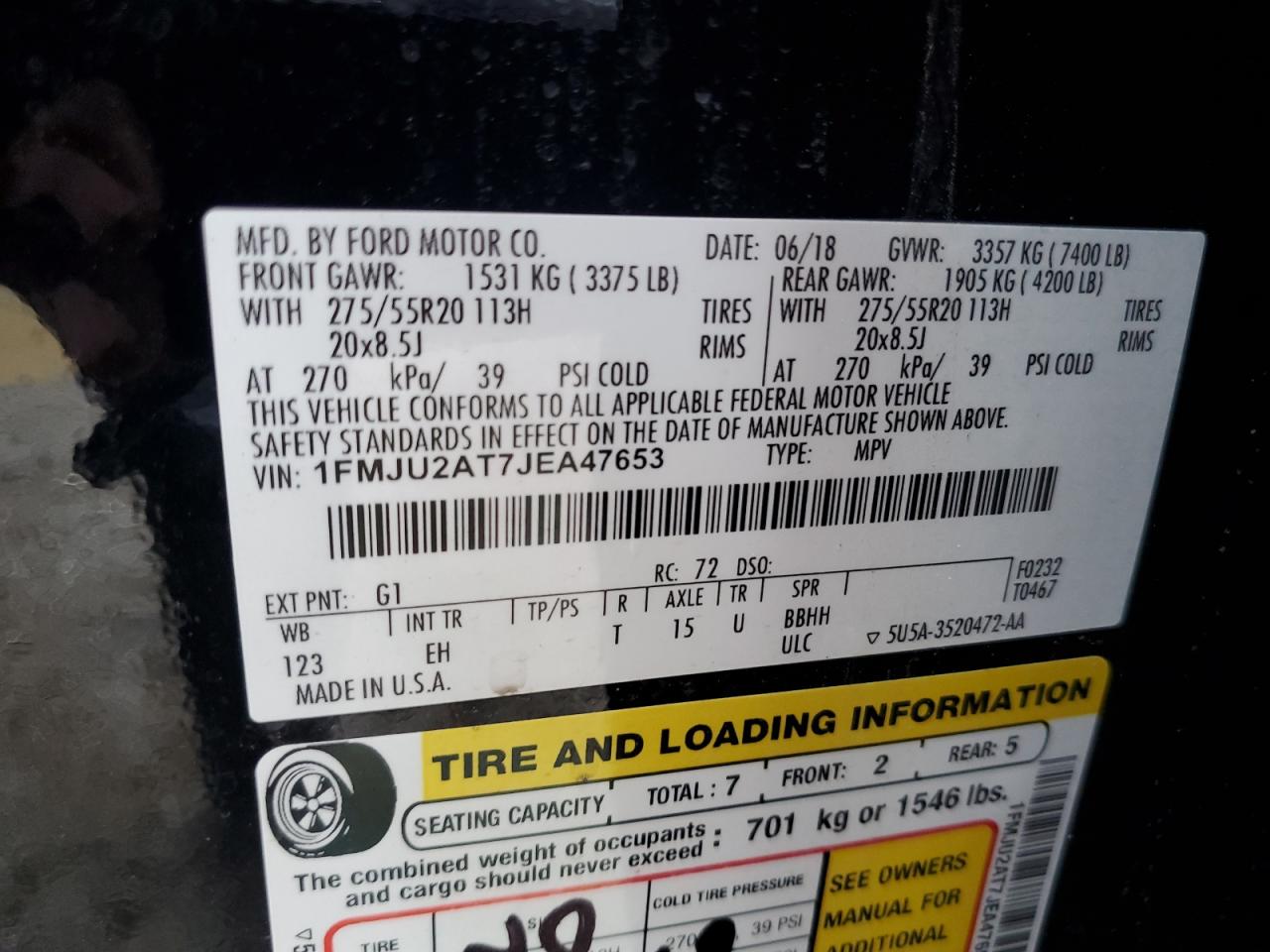 1FMJU2AT7JEA47653 2018 Ford Expedition Limited