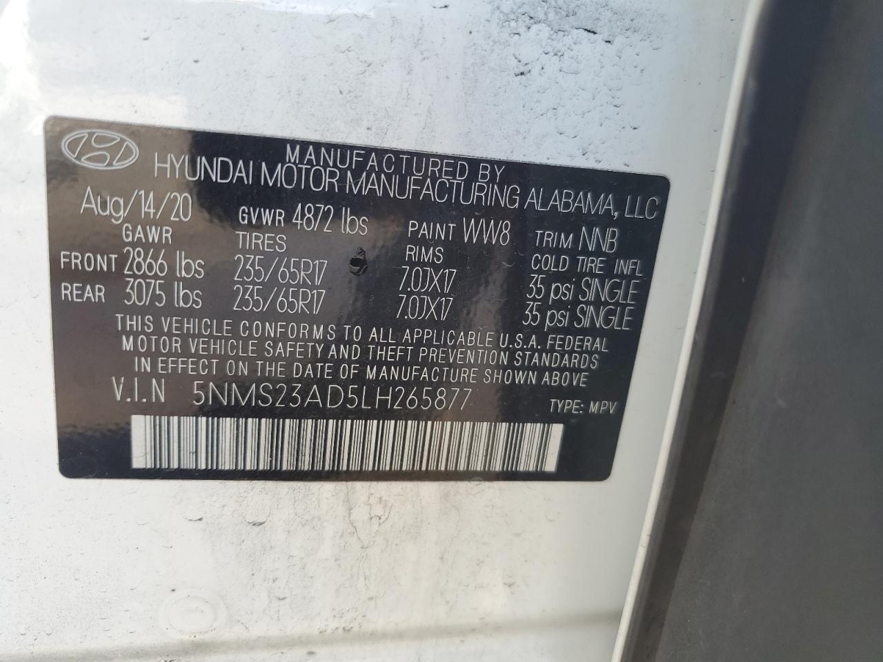 5NMS23AD5LH265877 2020 Hyundai Santa Fe Se