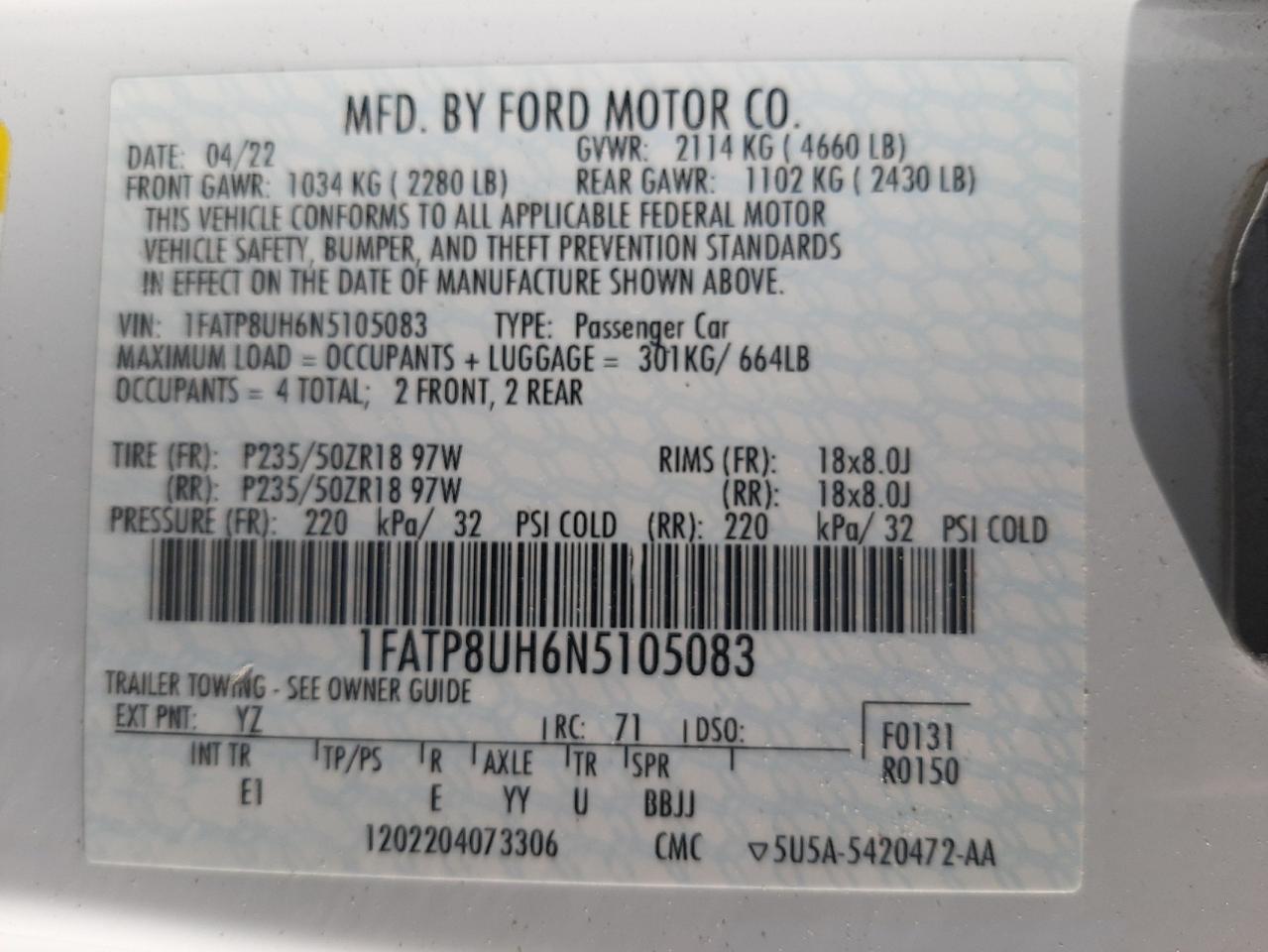 1FATP8UH6N5105083 2022 Ford Mustang