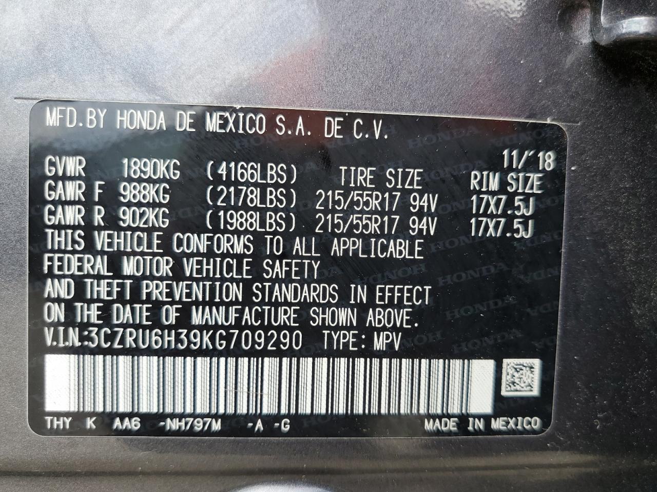 3CZRU6H39KG709290 2019 Honda Hr-V Lx