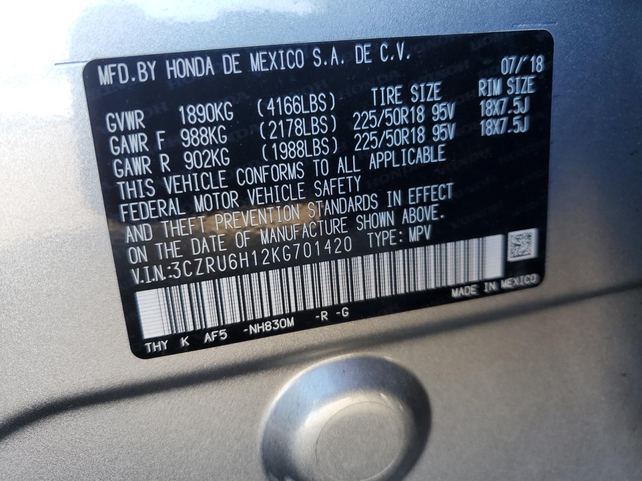 3CZRU6H12KG701420 2019 Honda Hr-V Sport