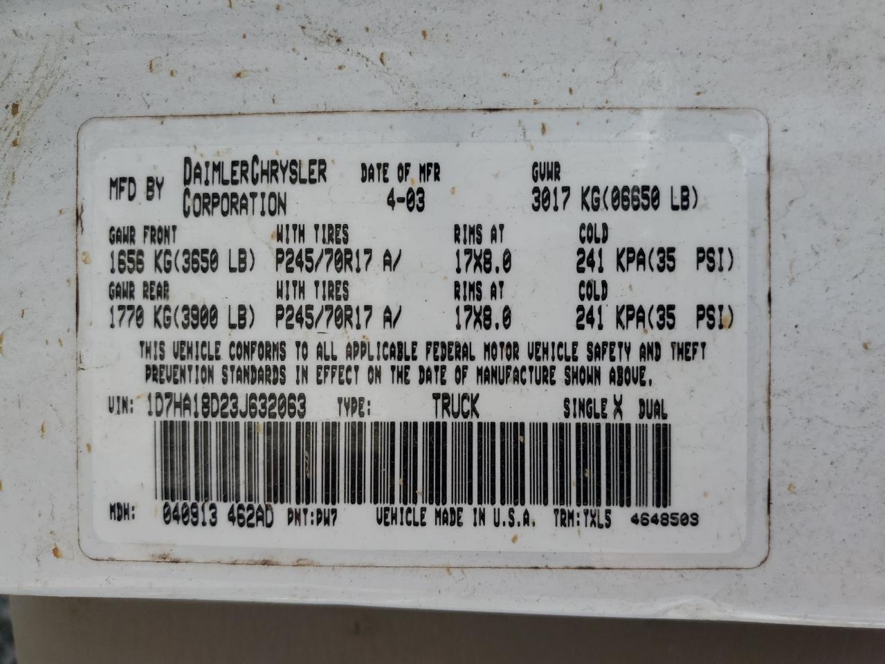 1D7HA18D23J632063 2003 Dodge Ram 1500 St