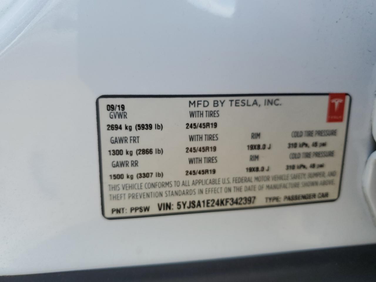 5YJSA1E24KF342397 2019 Tesla Model S