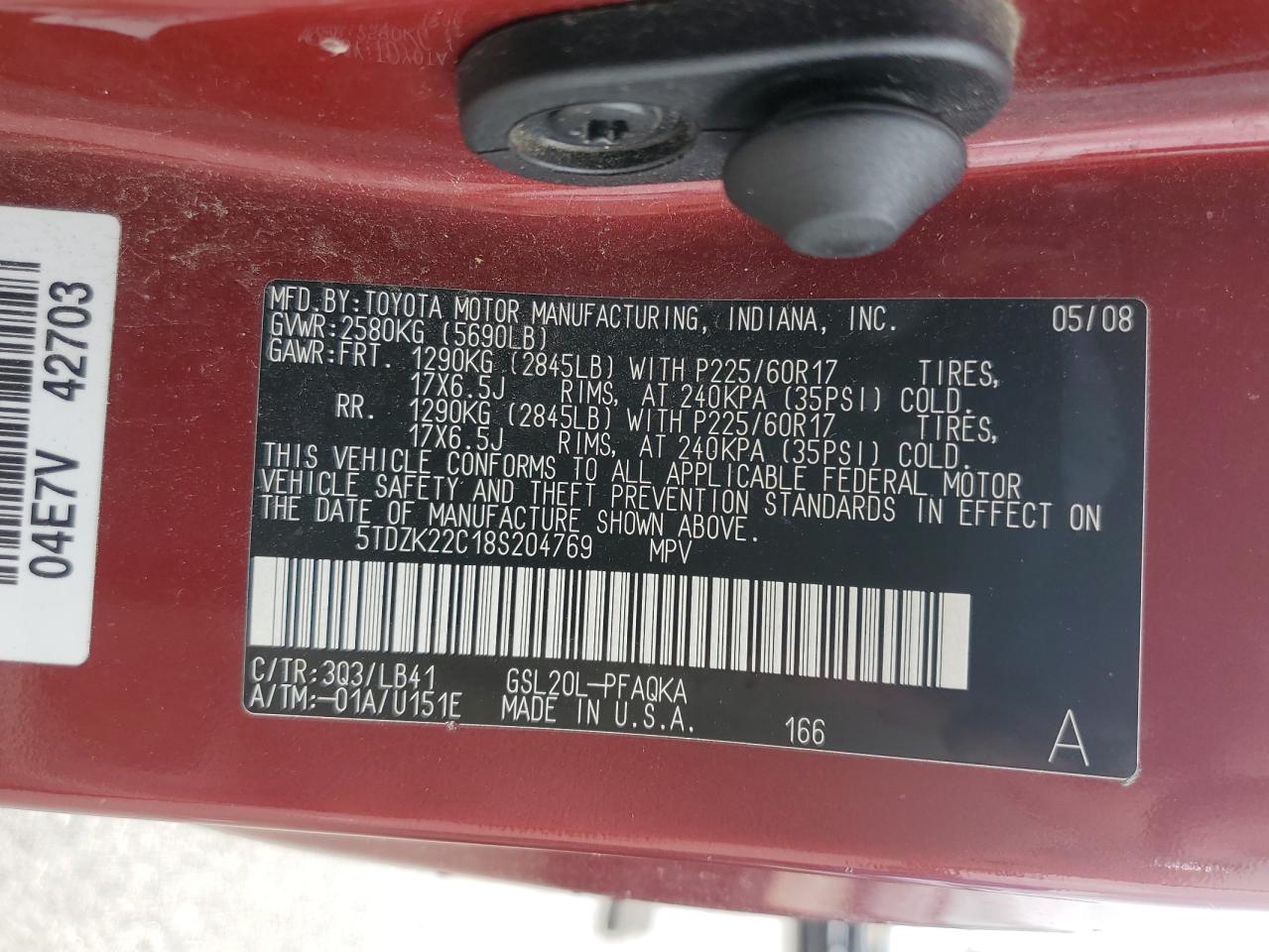 5TDZK22C18S204769 2008 Toyota Sienna Xle