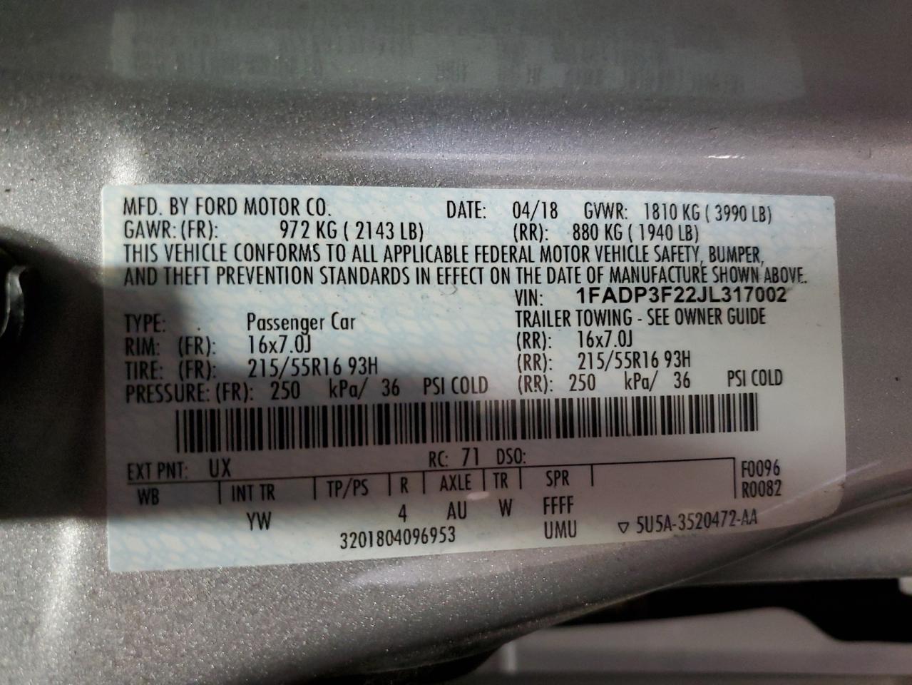 1FADP3F22JL317002 FORD FOCUS 2018