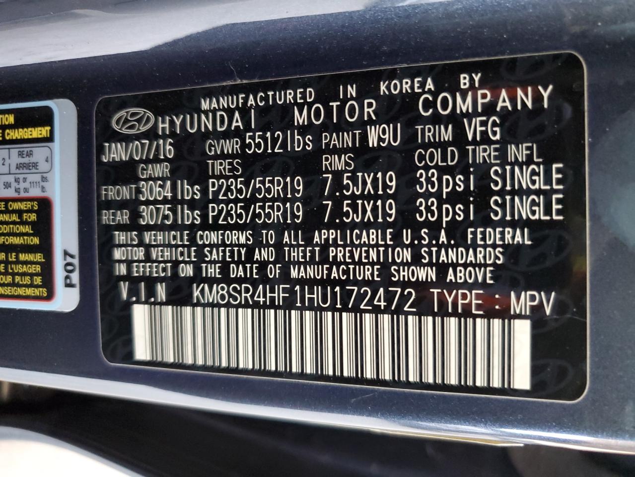 KM8SR4HF1HU172472 2017 Hyundai Santa Fe Se Ultimate