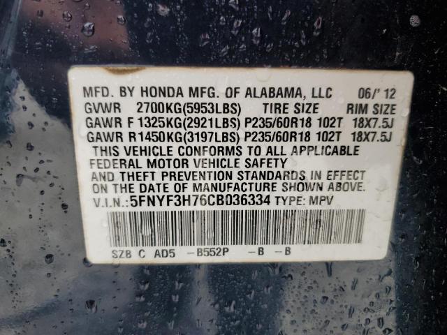 2012 Honda Pilot Exln VIN: 5FNYF3H76CB036334 Lot: 54602854