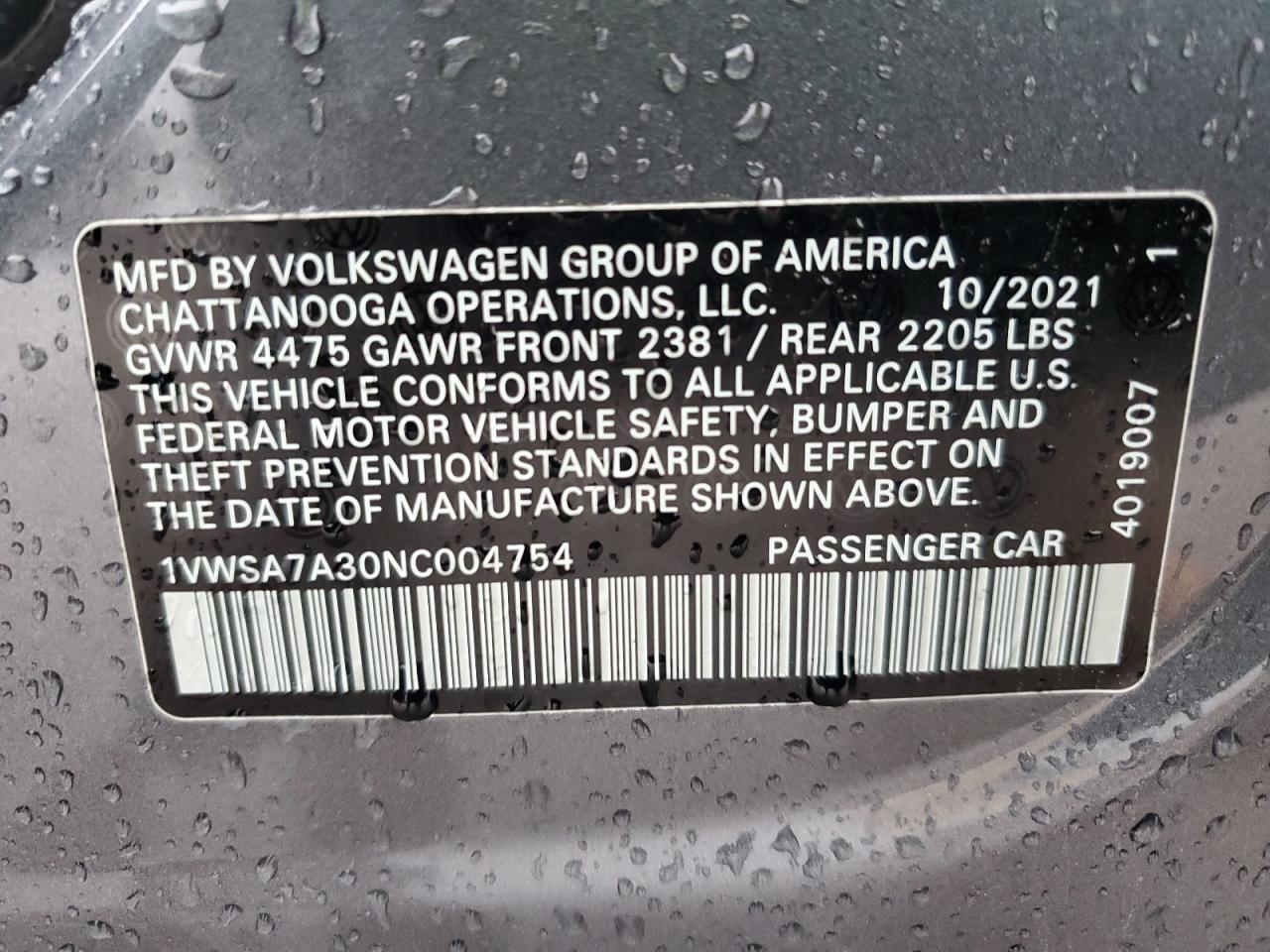 1VWSA7A30NC004754 2022 Volkswagen Passat Se