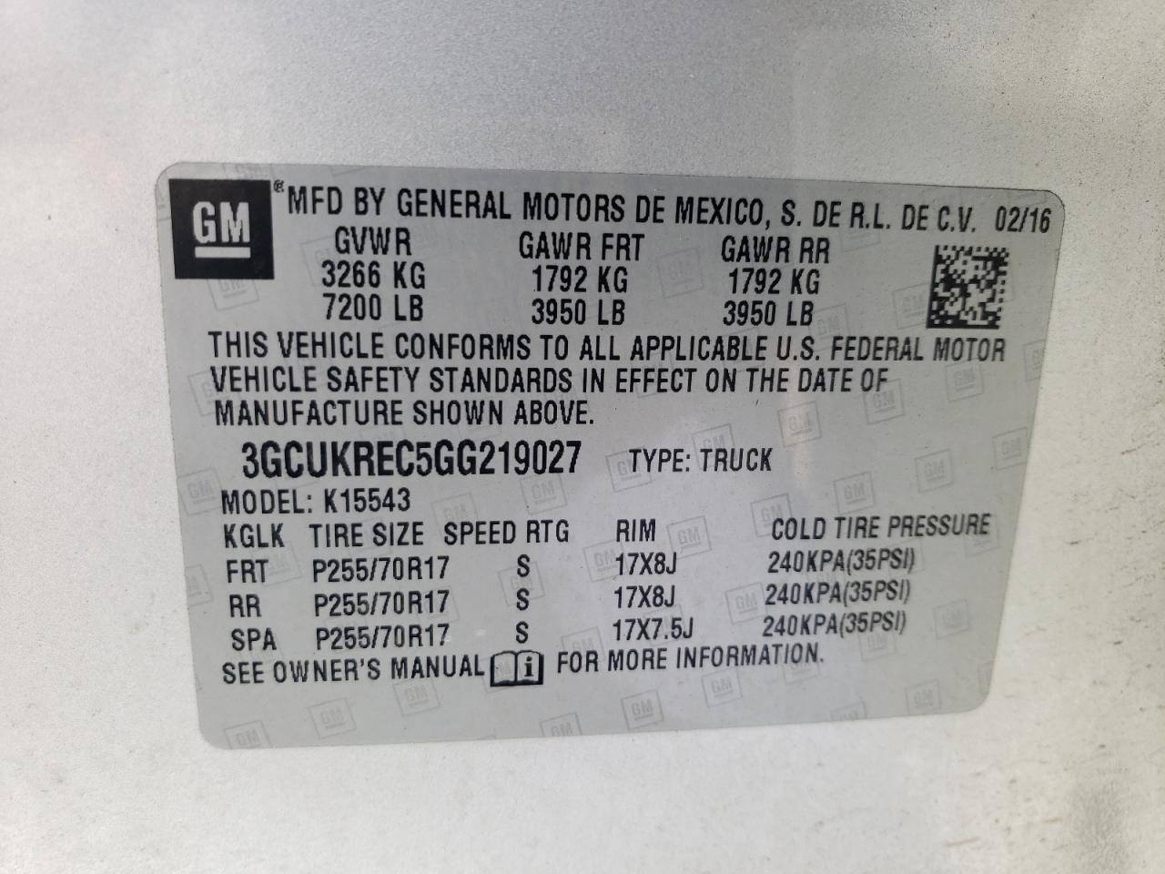 3GCUKREC5GG219027 2016 Chevrolet Silverado K1500 Lt