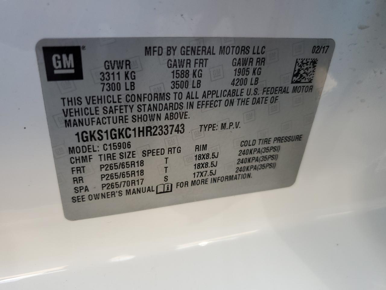 1GKS1GKC1HR233743 2017 GMC Yukon Xl C1500 Slt