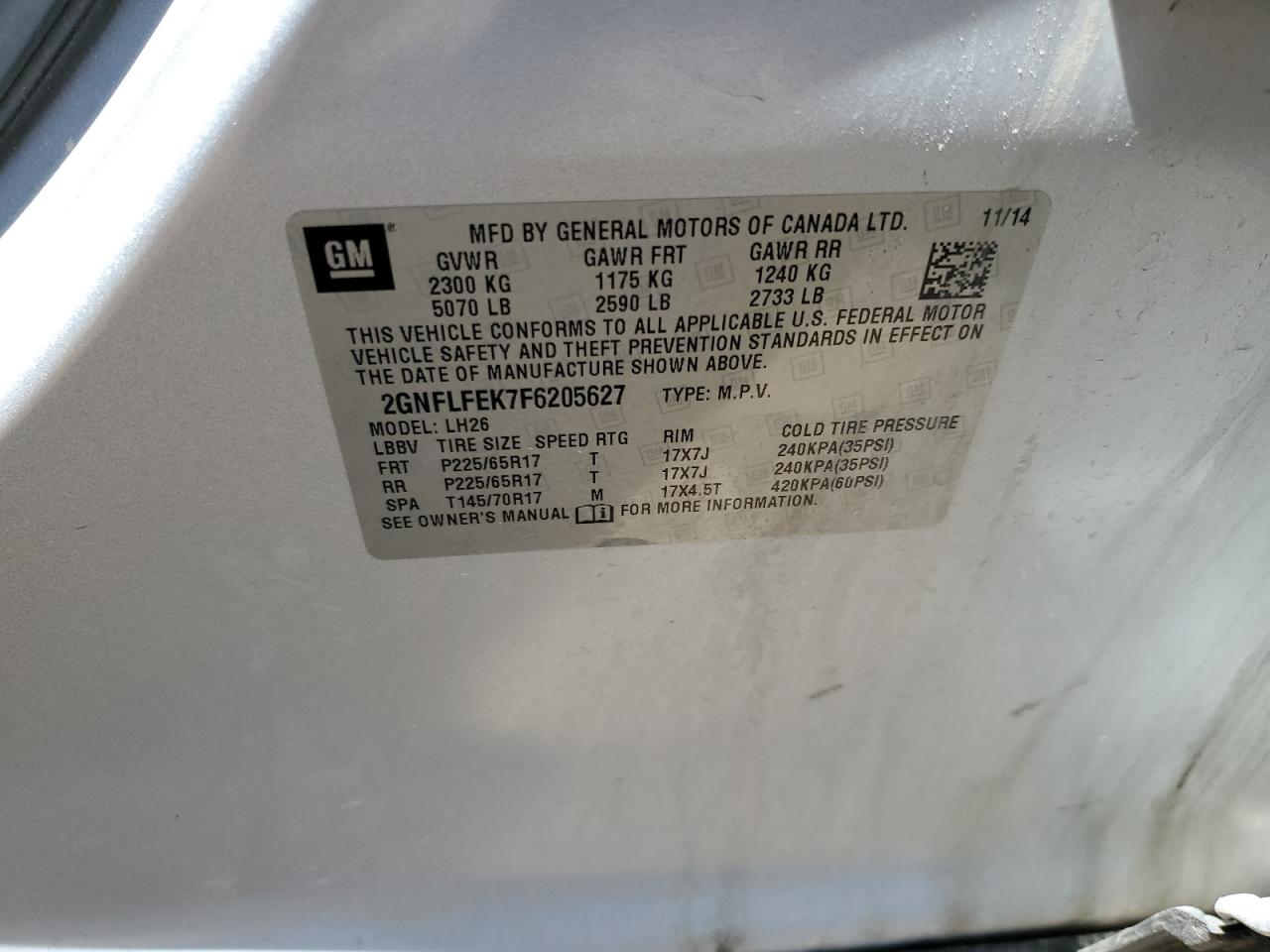 2GNFLFEK7F6205627 2015 Chevrolet Equinox Lt