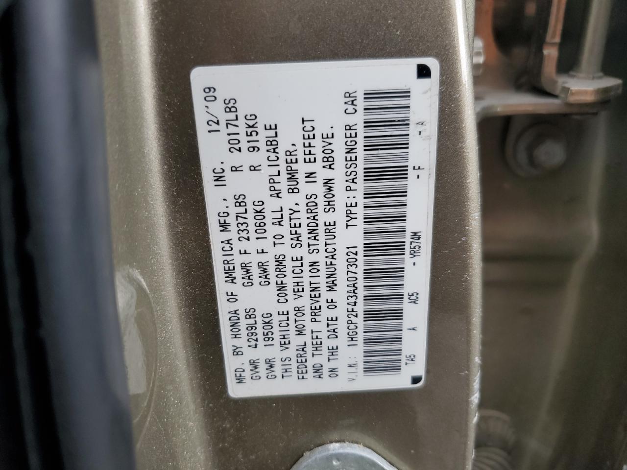 1HGCP2F43AA073021 2010 Honda Accord Lxp